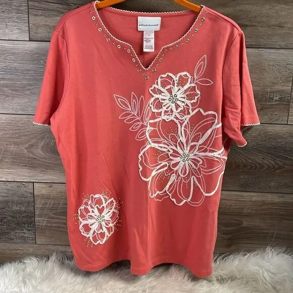 Alfred Dunner Ladies Embellished Floral Top, Size M, Coral and White - Picture 2 of 4